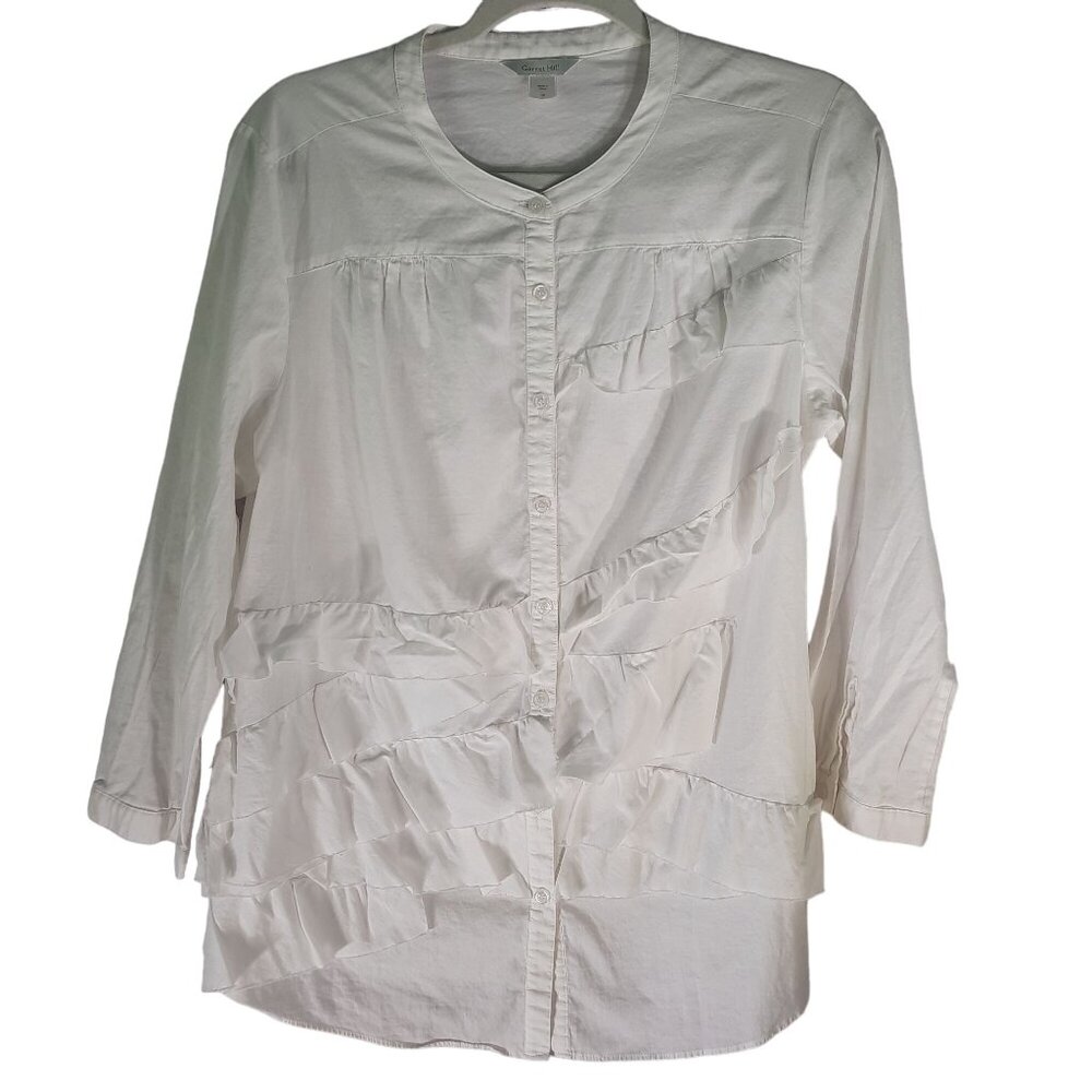 Garnet Hill Women’s Crew Neck Ruffled Cotton Blouse Button Up - Picture 2 of 12